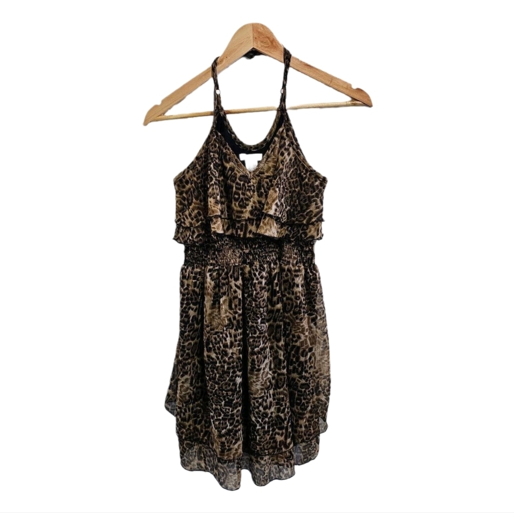 Leopard print brown sheer flowy tiered strappy short dress size medium